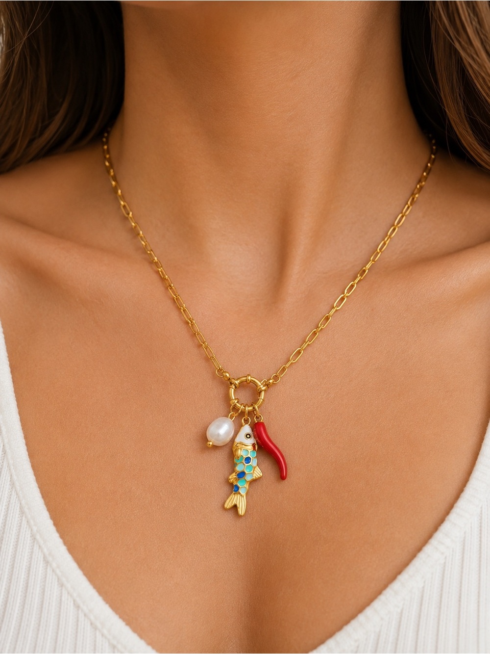 Gold Plated Stainless Steel Fish Pearl & Italian Horn Charm Necklace NWT - Picture 2 of 3